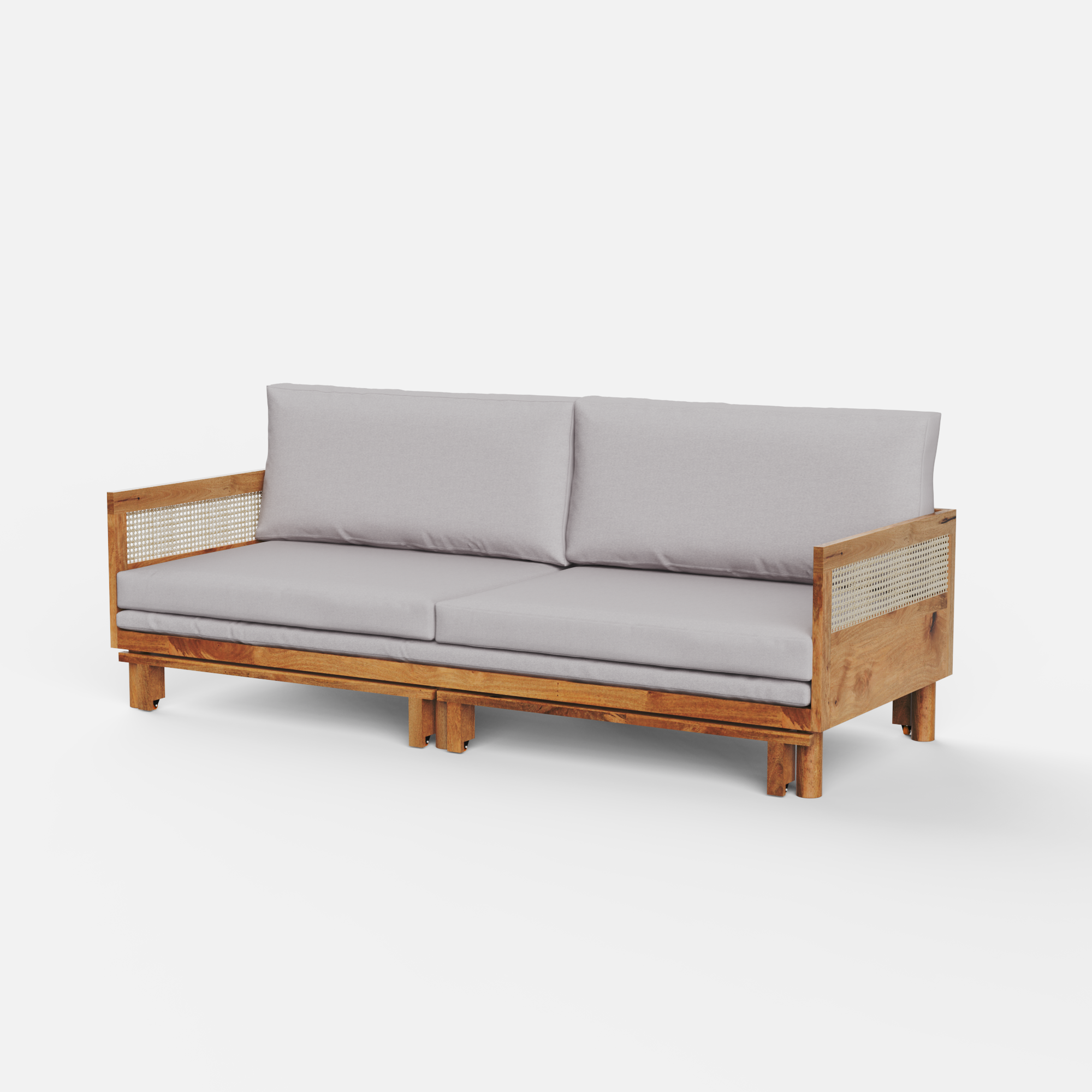 Wooden sofa with gray cushions on a white background