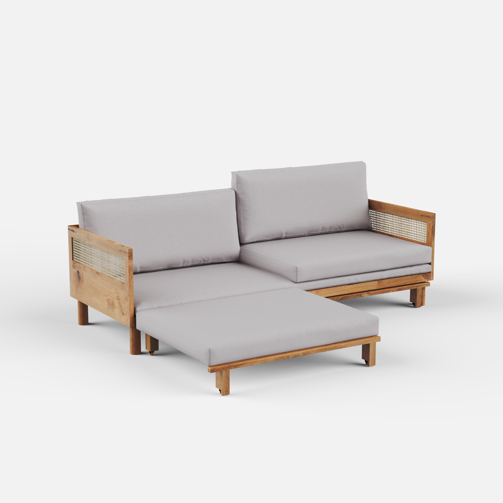 Wooden sofa bed with rattan sides, gray cushions on a white background