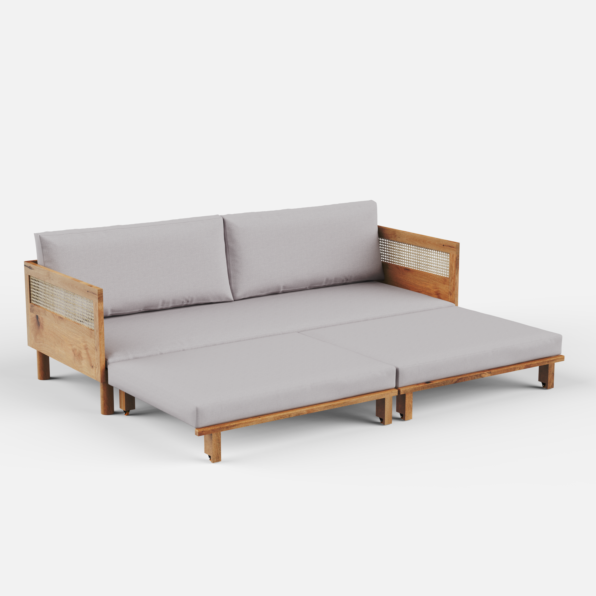 Wooden sofa bed with gray cushions on a white background