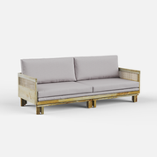 Wooden sofa with gray cushions on a white background