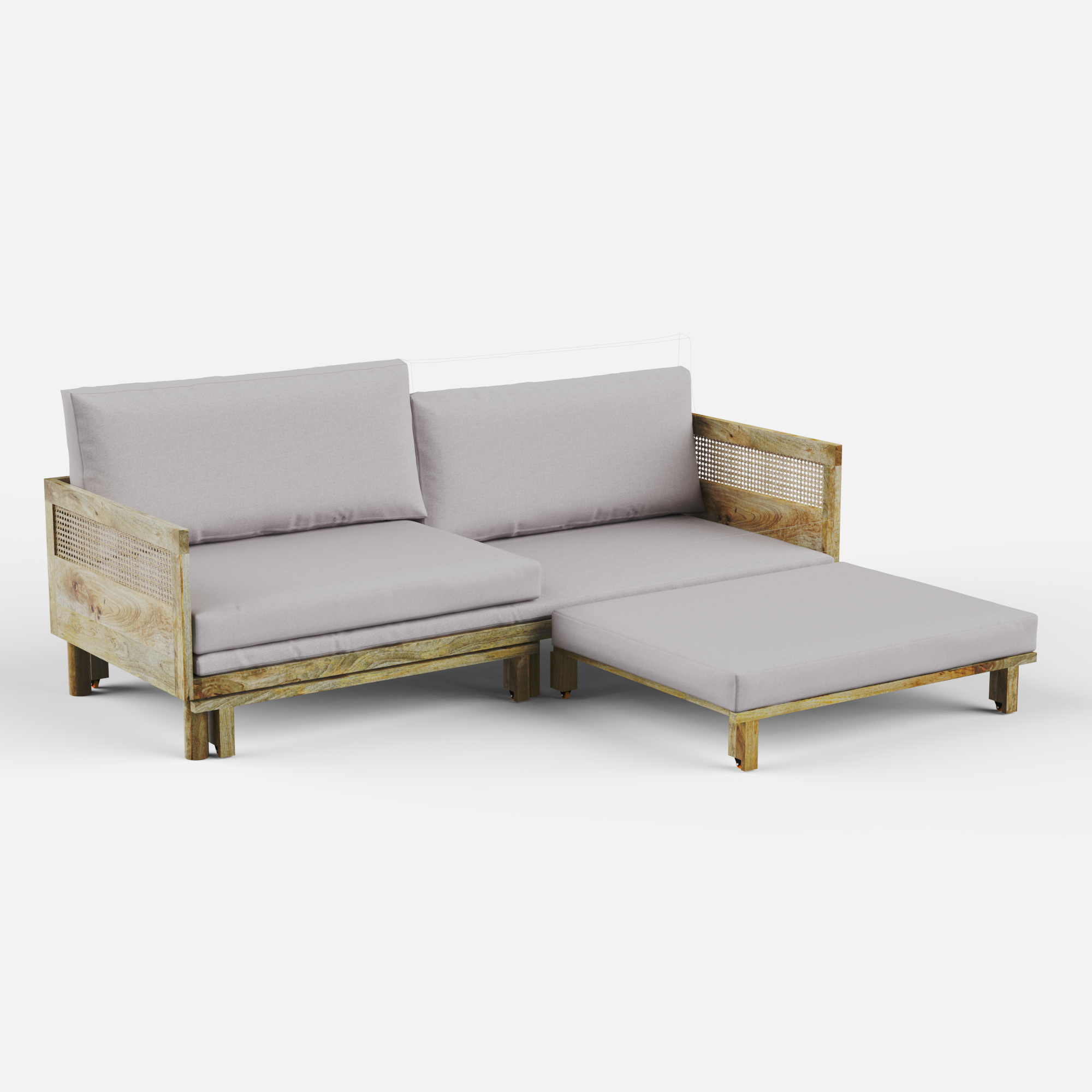 Wooden sofa bed with rattan sides, gray cushions on a white background