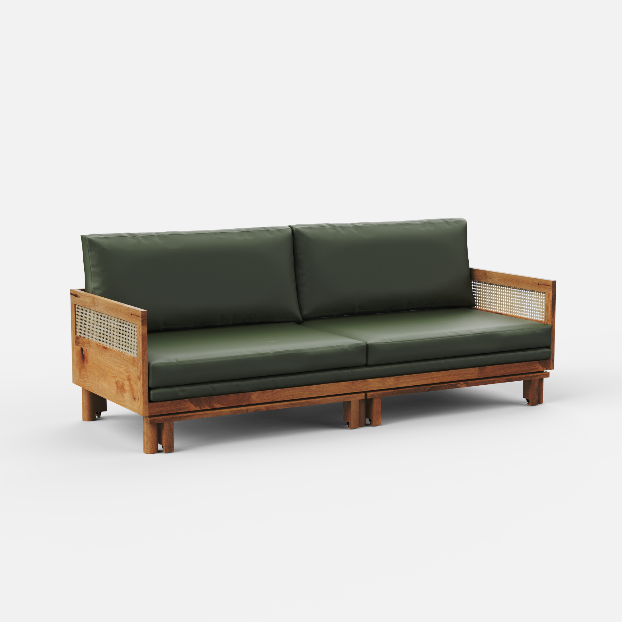 Green sofa with wooden frame on a white background