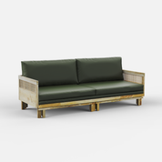 Sofa with green cushions and wooden frame on a white background