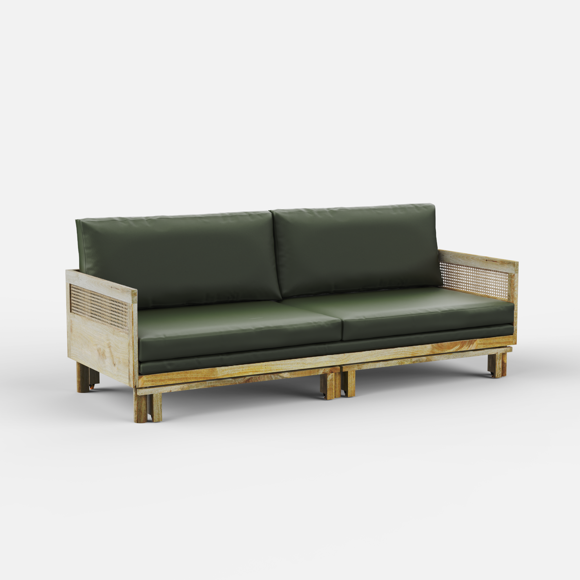 Sofa with green cushions and wooden frame on a white background
