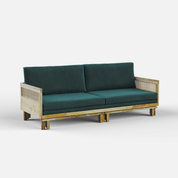 Teal sofa with wooden frame on a white background