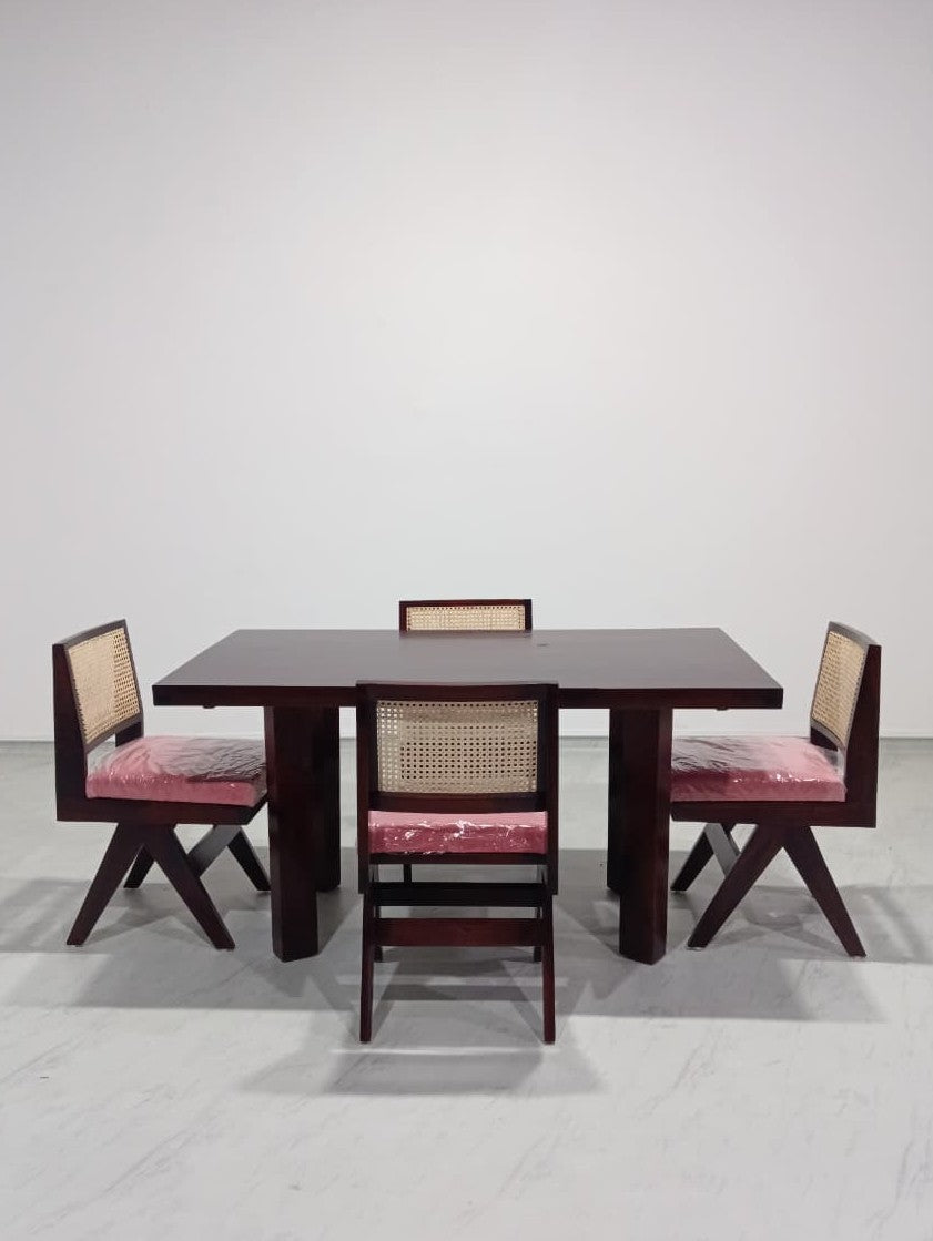 Owen-Jean Dining Set 150cm - Provincial Teak Polish on Sheesham, Fabric Salmon Red