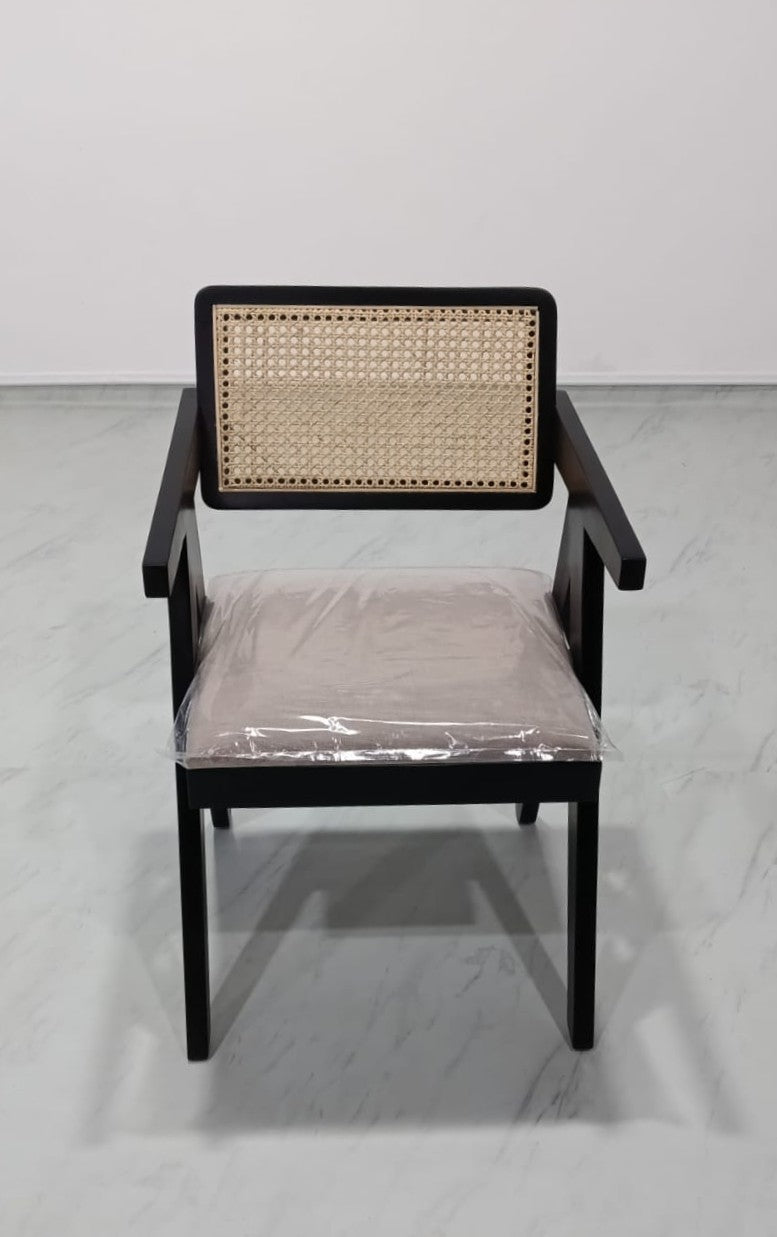 Pierre Rattan Back Chair - Black Matte Polish on Sheesham, Fabric Fur Beige