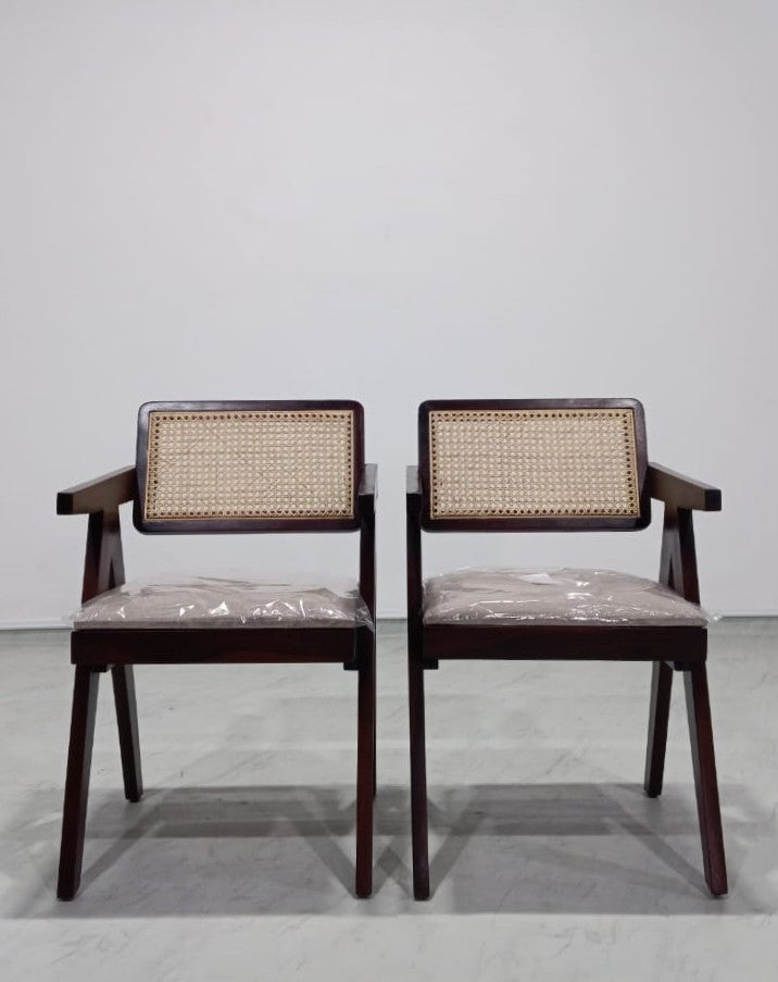 Pierre Rattan Back Chair - Provincial Teak Polish on Sheesham, Fabric Fur Beige
