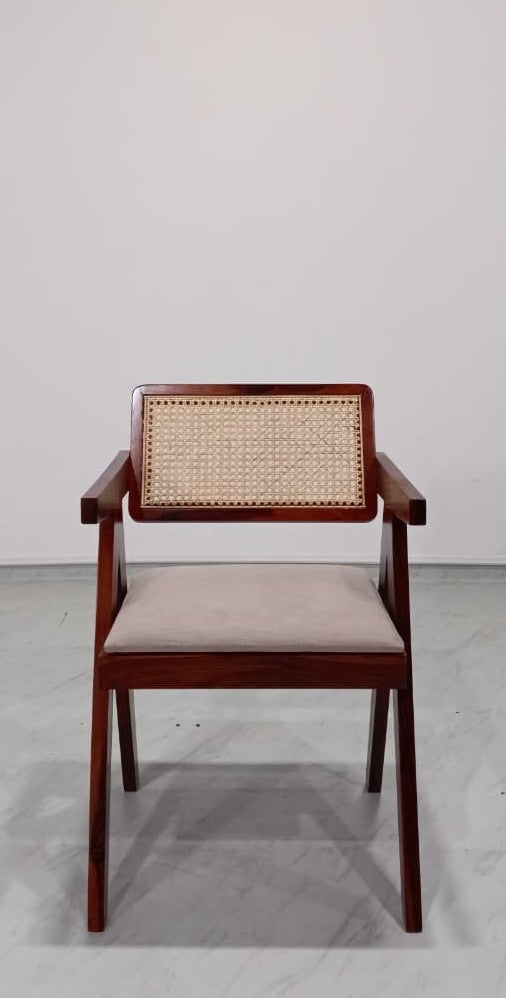 Pierre Rattan Back Chair - Honey Polish on Sheesham, Fabric Fur Beige
