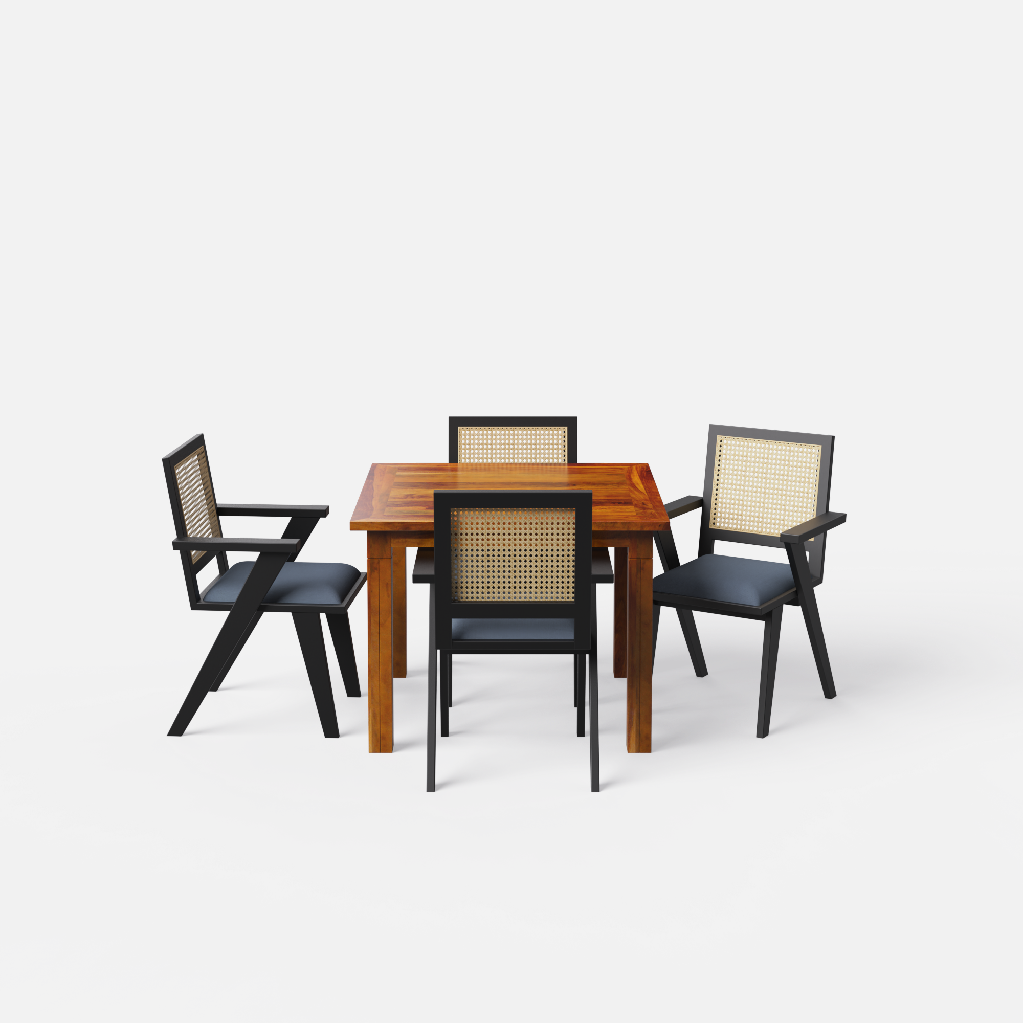 Roma-Flora Dining Table Set - 4 Seater - Table (100 cm x 100 cm x 76 cm) + 4 Flora Chairs - Sheesham