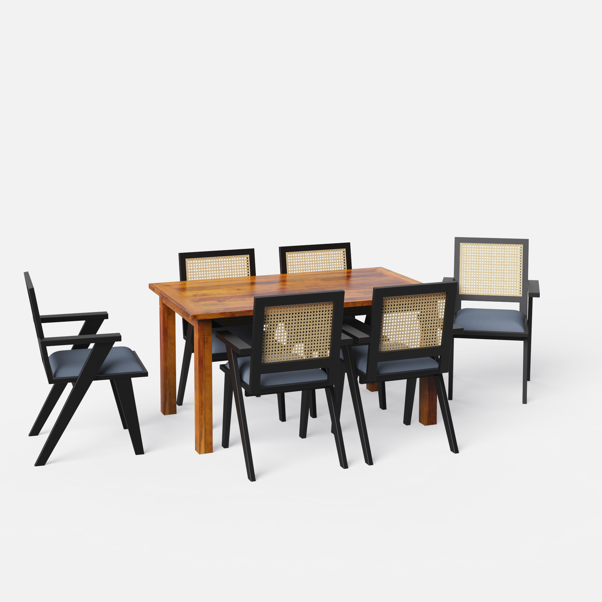 Roma-Flora Dining Table Set - 6 Seater - Table (150 cm x 90 cm x 76 cm) + 6 Flora Chairs - Sheesham