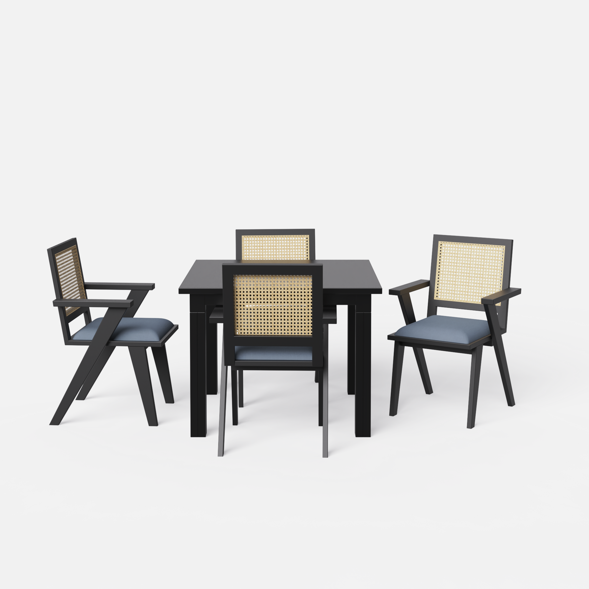 Roma-Flora Matte Black Dining Table Set - 4 Seater - Table (100 cm x 100 cm x 76 cm) + 4 Flora Chairs - Sheesham