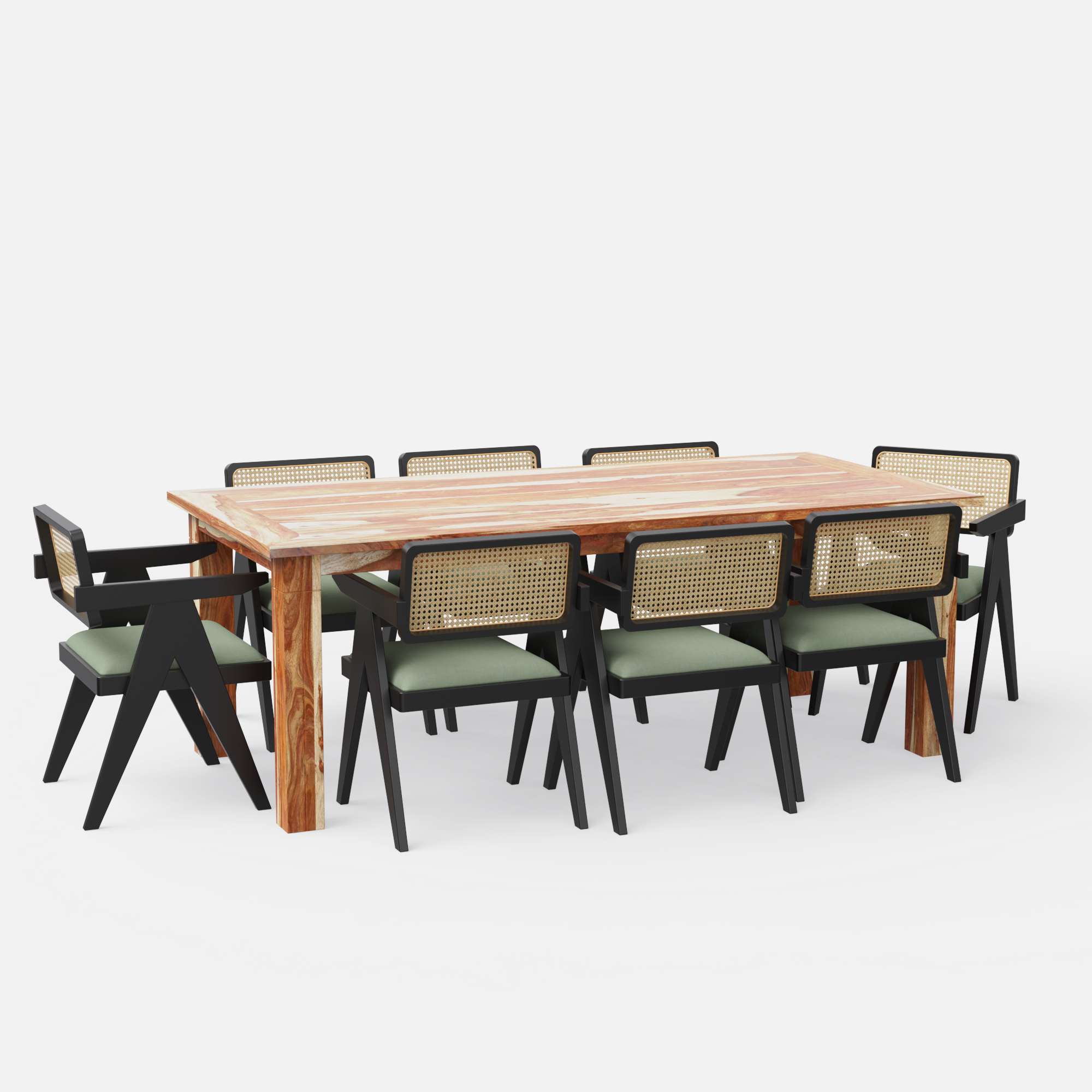 Roma-Pierre Luxury Dining Set - 8 Seater - Table (210 cm x 100 cm x 76 cm) + 8 Pierre Chairs - Sheesham