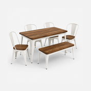 Rustic White Frame Cafe Dining Table with Chairs and Bench