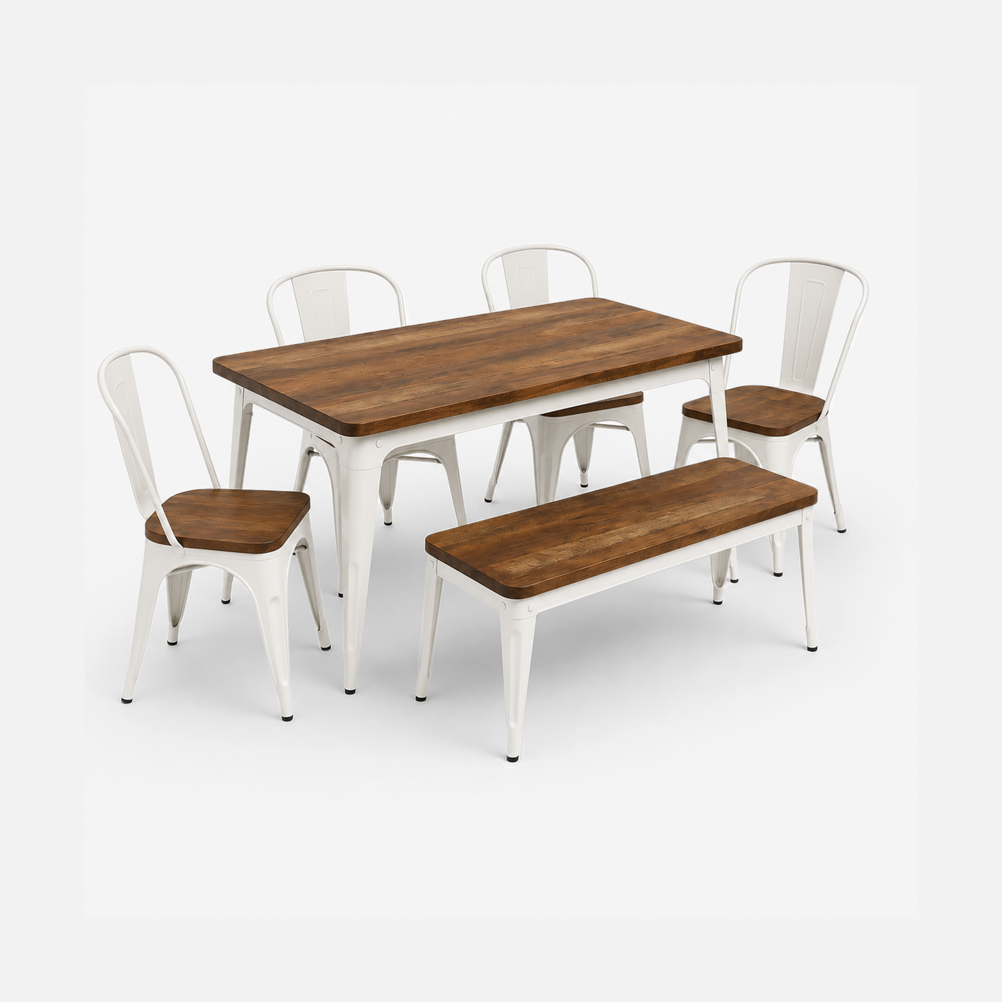 Rustic White Frame Cafe Dining Table with Chairs and Bench