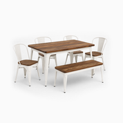 Rustic White Frame Cafe Dining Table with Chairs and Bench
