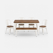 Rustic White Frame Cafe Dining Table with Chairs and Bench