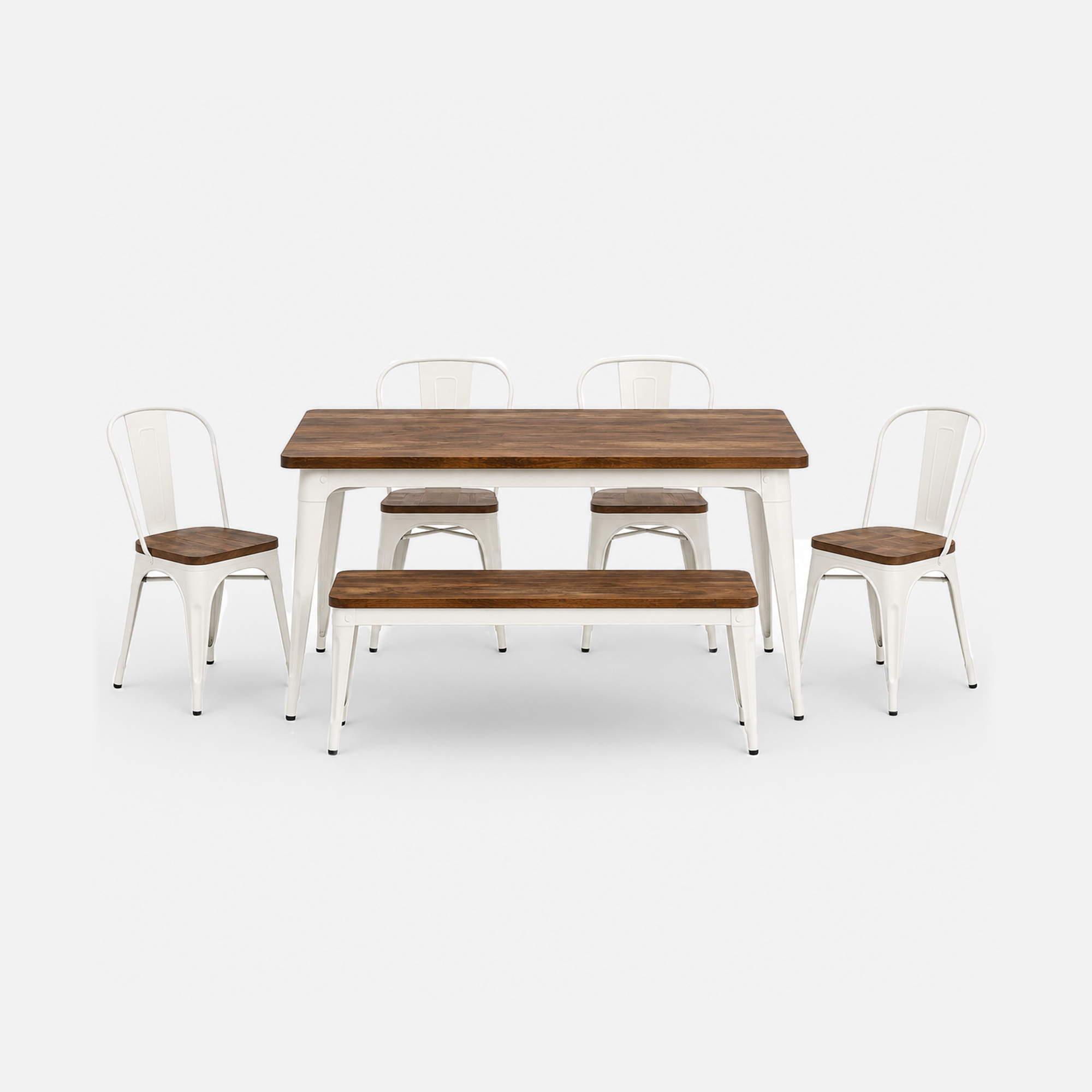 Rustic White Frame Cafe Dining Table with Chairs and Bench