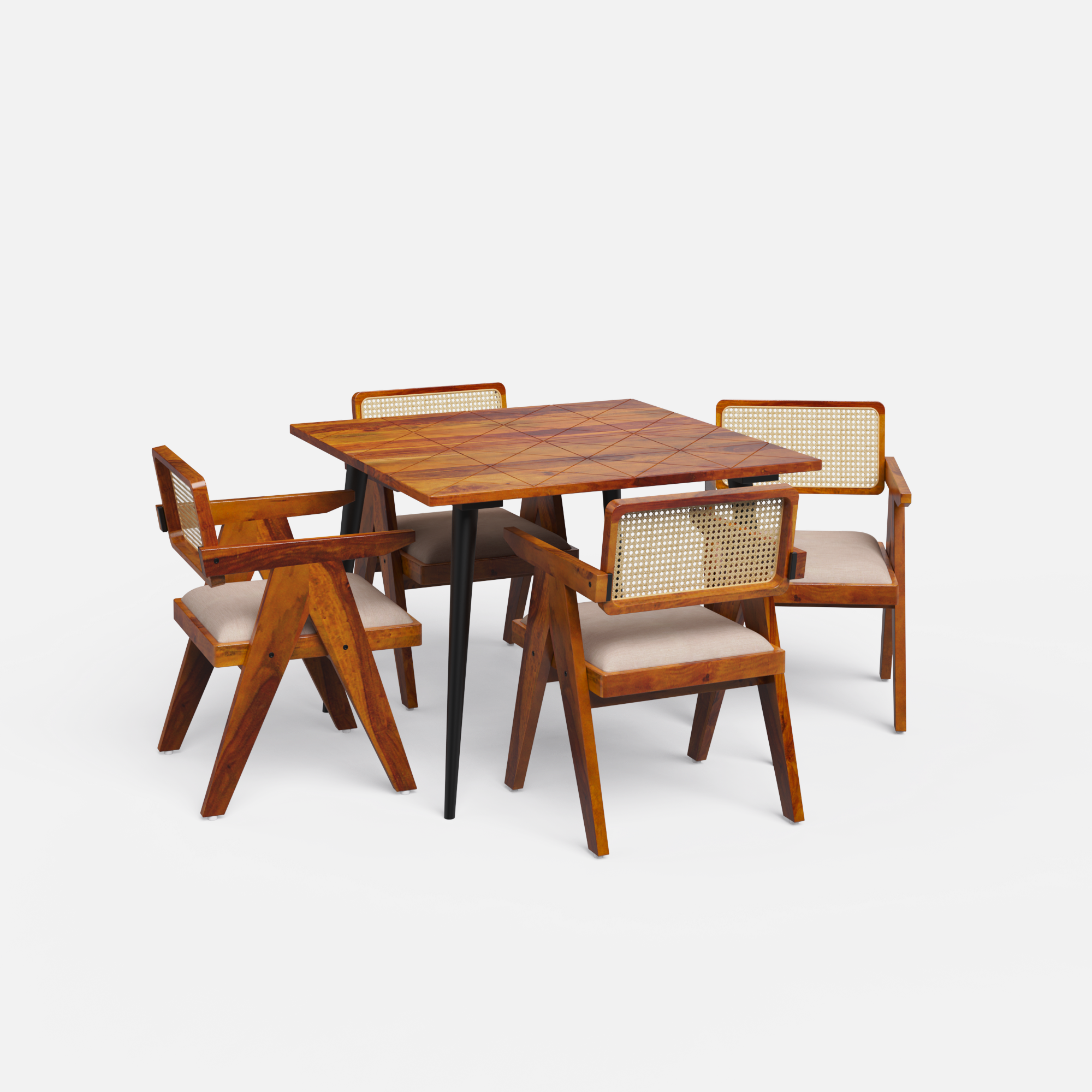 Shelly Pierre Dining Set - 4 Seater - Table (100 cm x 100 cm x 76 cm) + 4 Pierre Chairs - Sheesham