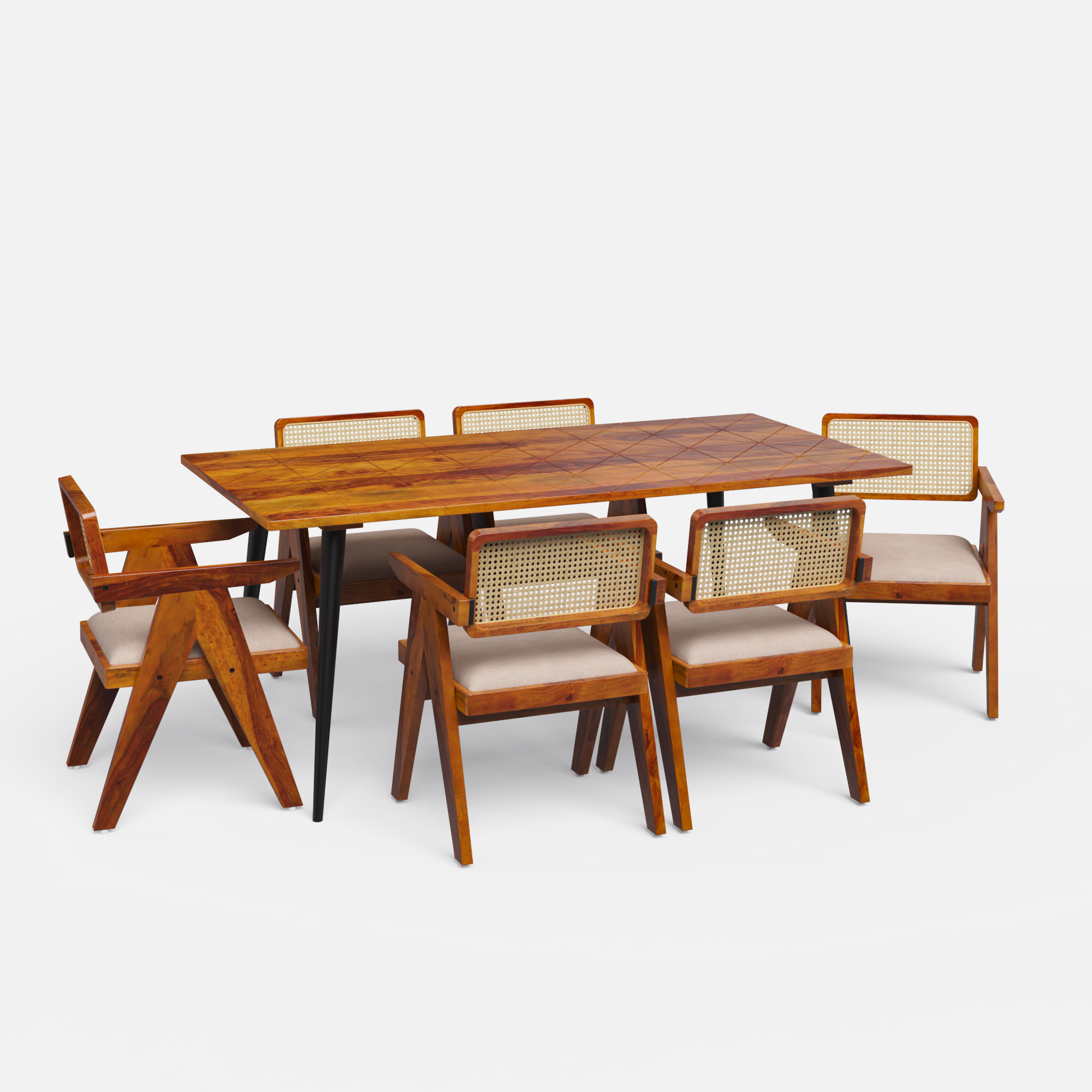 Shelly Pierre Dining Set - Large 6 Seater - Table (175 cm x 90 cm x 76 cm) + 6 Pierre Chairs - Sheesham