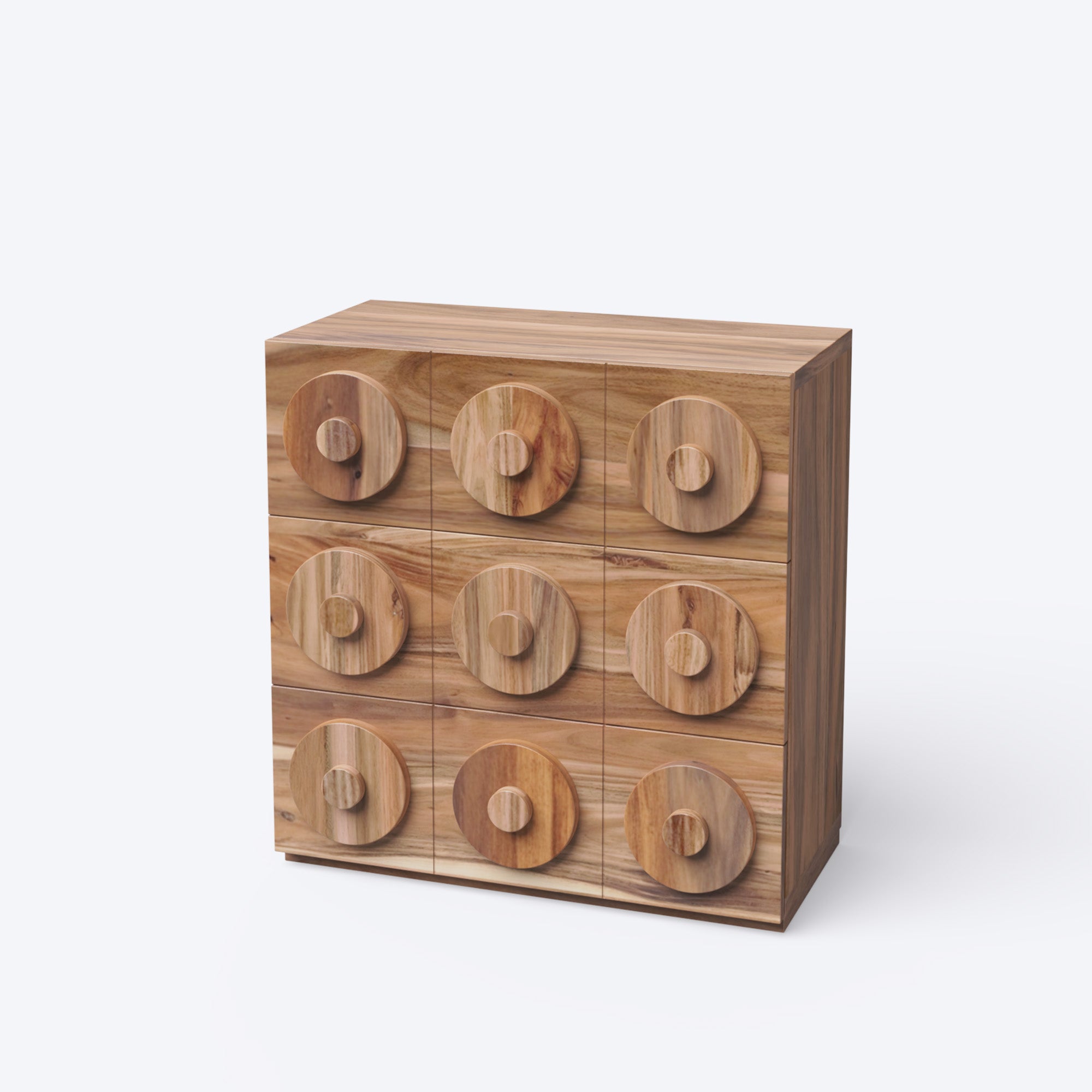 Wooden block-style drawer chest with circular doors on a white background