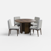 Dining table set with four chairs on a white background