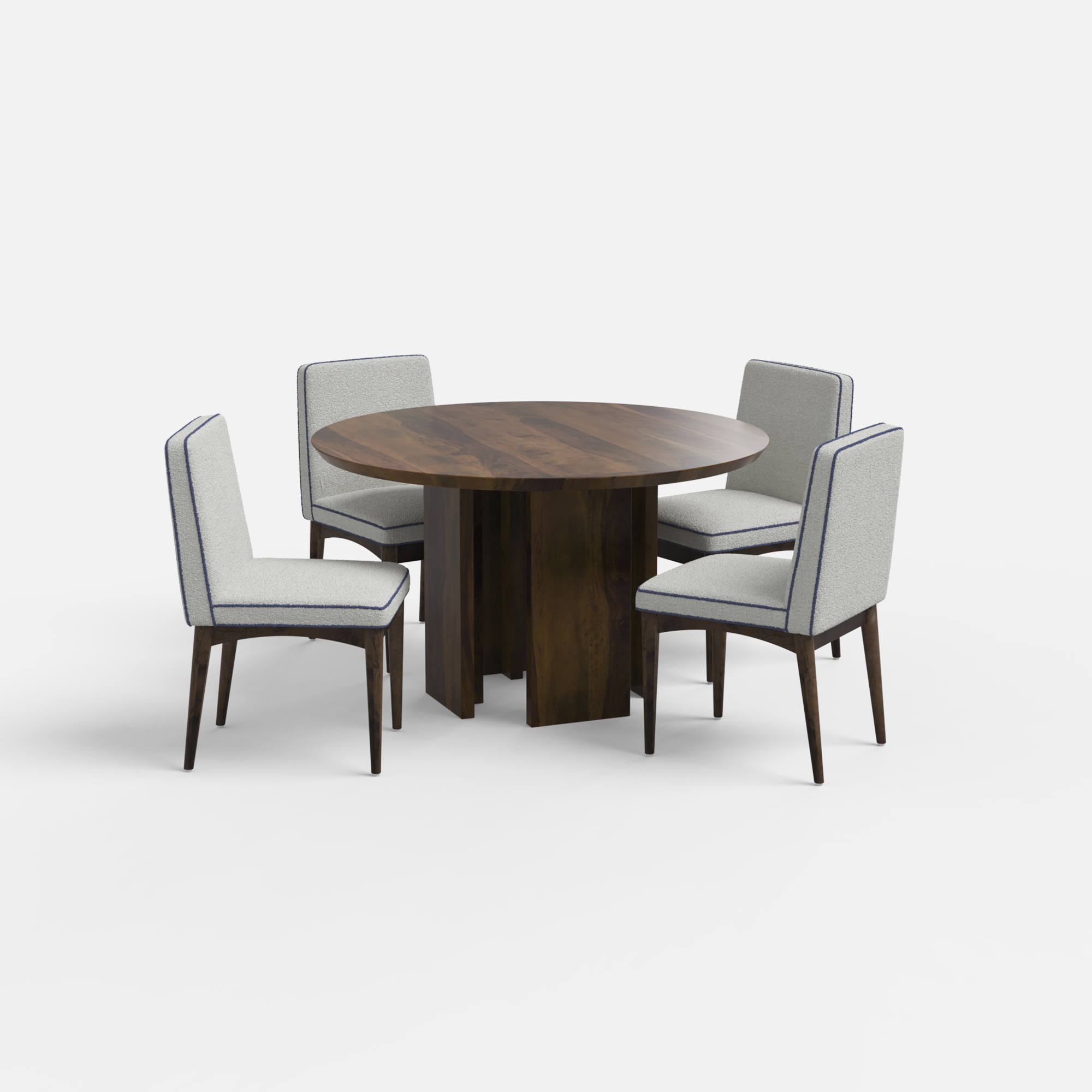 Dining table set with four chairs on a white background