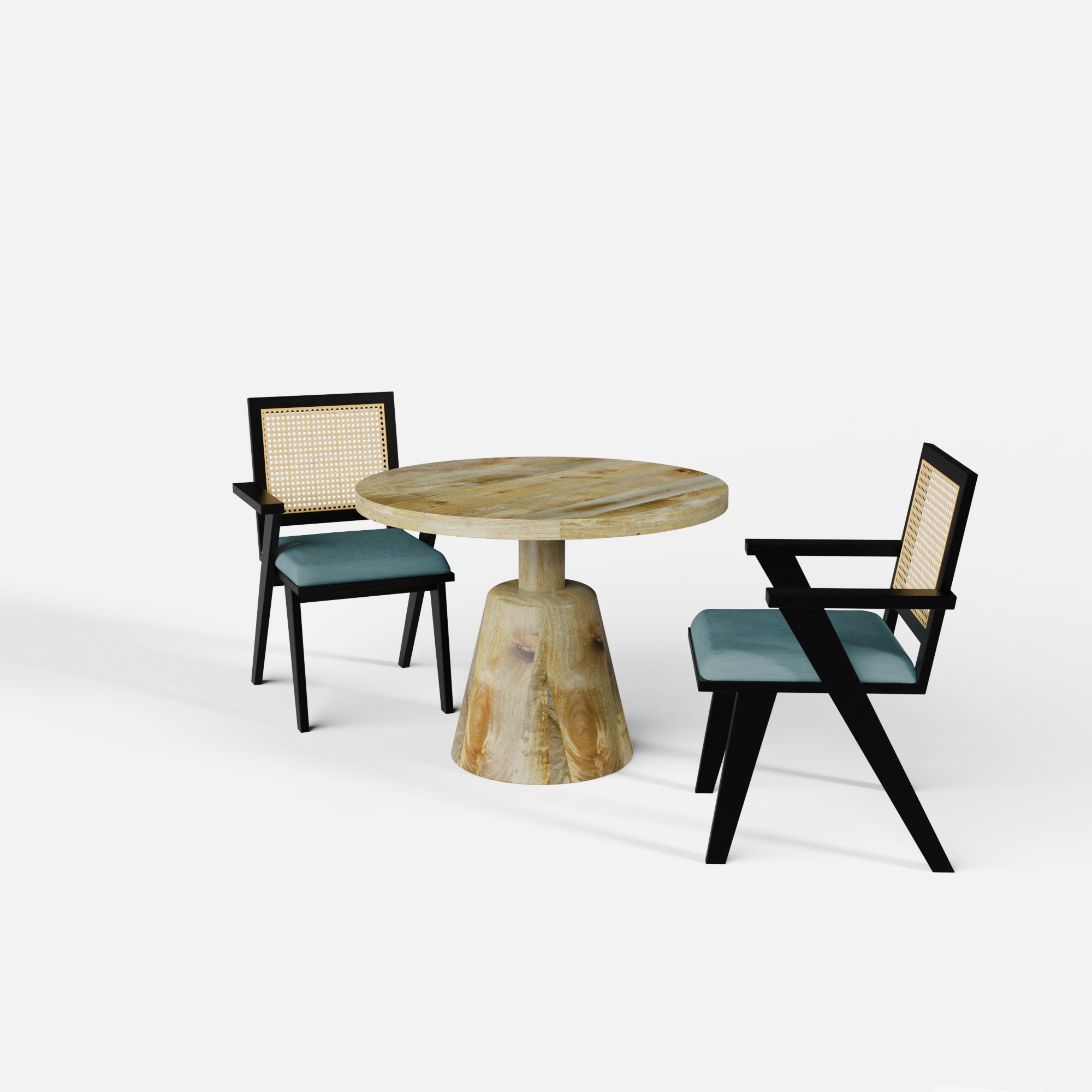 Yukon-Flora Dining Table Set - 2 Seater - Table (100 cm Dia x 76 cm) + 2 Flora Chairs - Mango Table + Sheesham Seating
