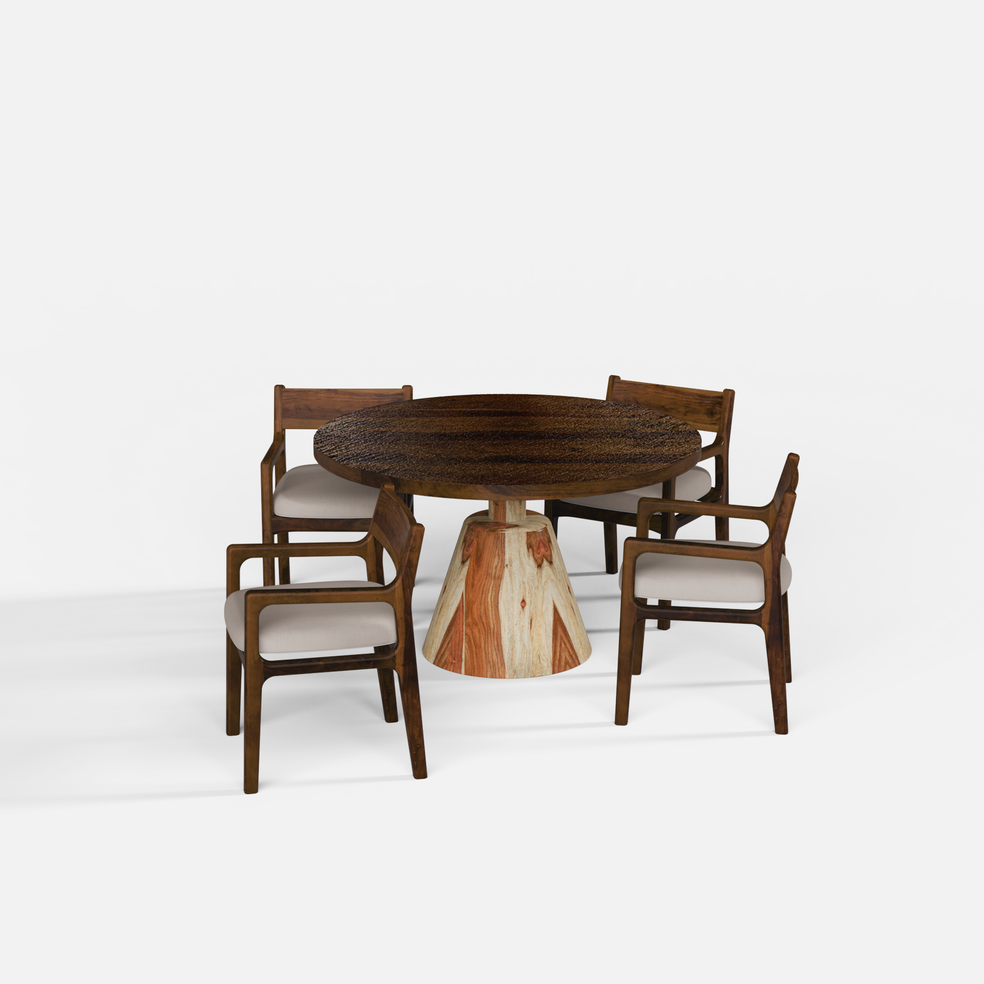 Yukon-Kiyomi Textured Walnut Dining Table Set - 4 Seater - Table (130 cm Dia x 76 cm) + 4 Kiyomi Chairs - Sheesham