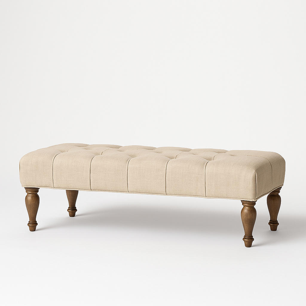 Sau Paulo Settee Linen Tufted Upholstered Bench with Carved Wood Legs