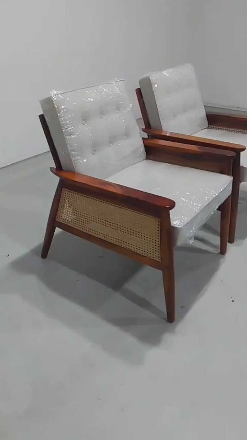 Elector Accent Chair • Honey Polish on Sheesham Wood • Greige Grey (Cotton Blend Fabric)