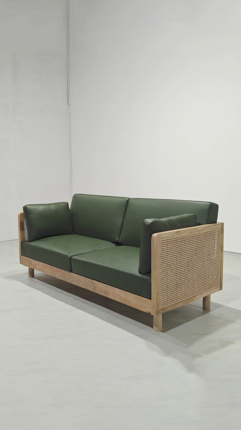 Hughes Rattan 3 Seater Sofa - 78.7" - Mango Natural Finish - Forest green Leather 