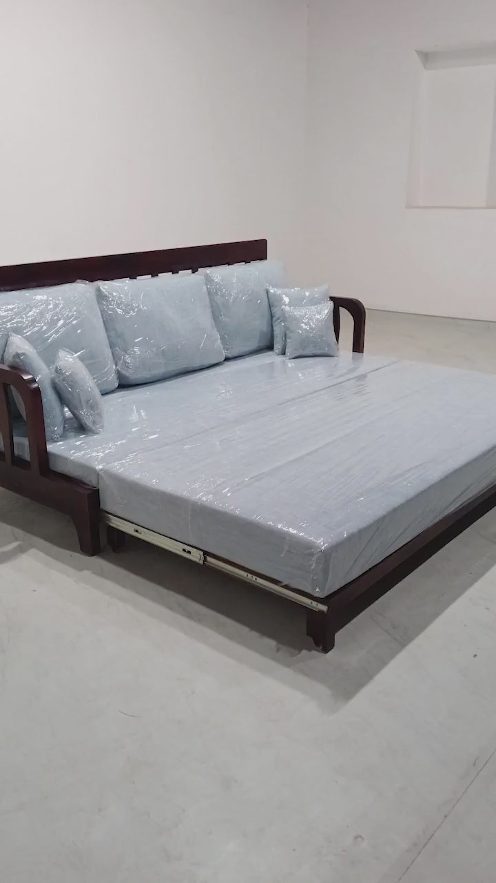 Malabar Solid Wood  Sofa Bed - Mahogany polish - Hydrangea Blue