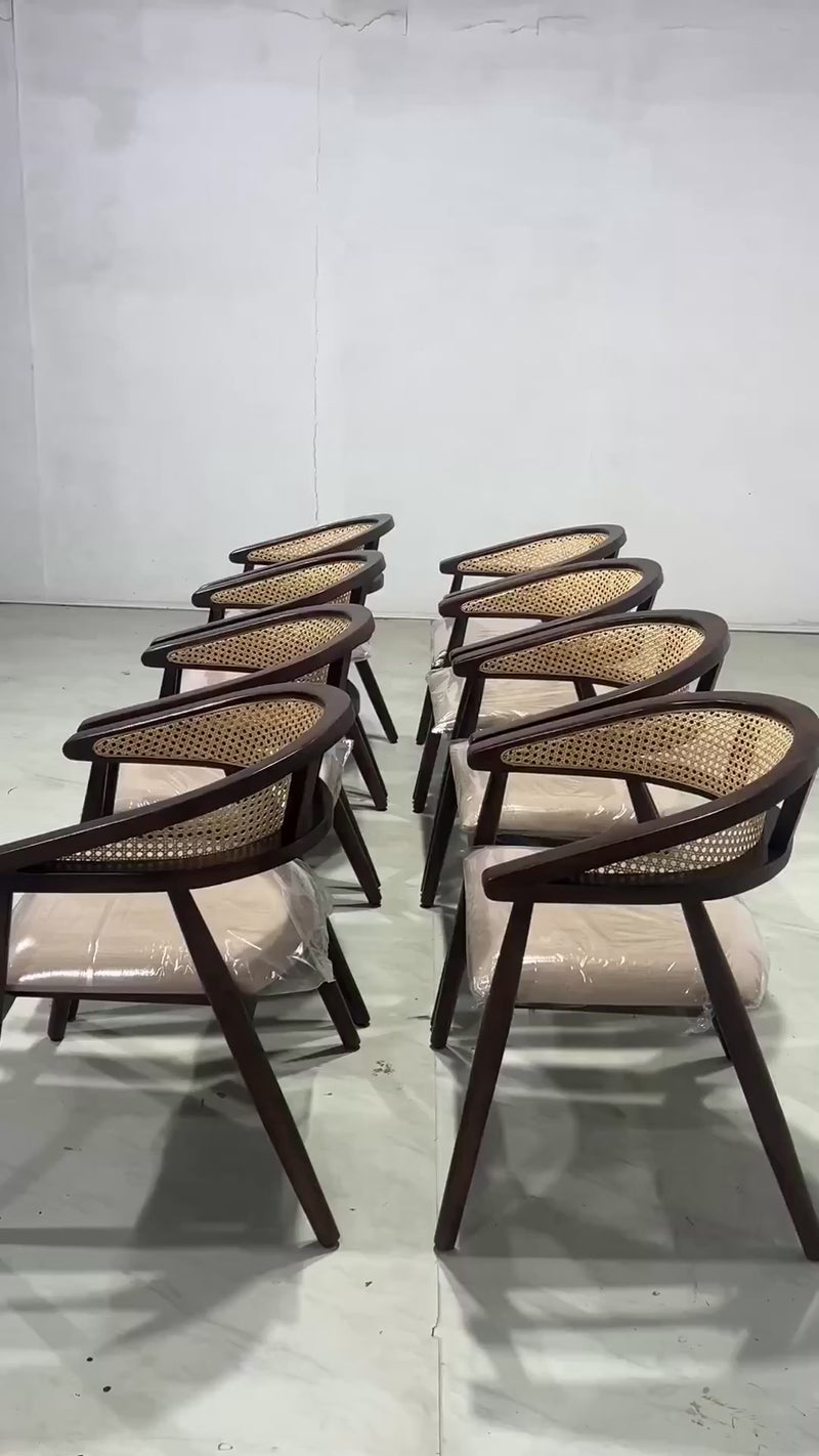 Doris Rattan Chair with Upholstered Seat • Walnut Polish on Sheesham Wood • Sandcastle Yellow (Cotton Blend Fabric)